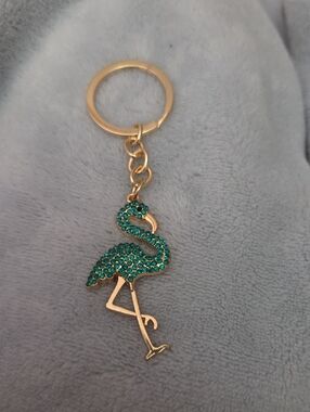 Gold Flamingo Keychain with Teal Crystal Accents